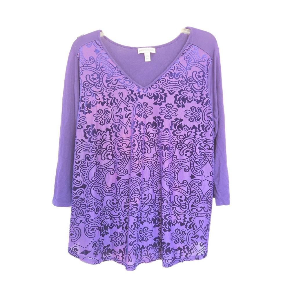 Y2K Dana Buchman Purple Velvet Burnout Paisley V-Neck  Fairycore Whimsigoth 2XL
